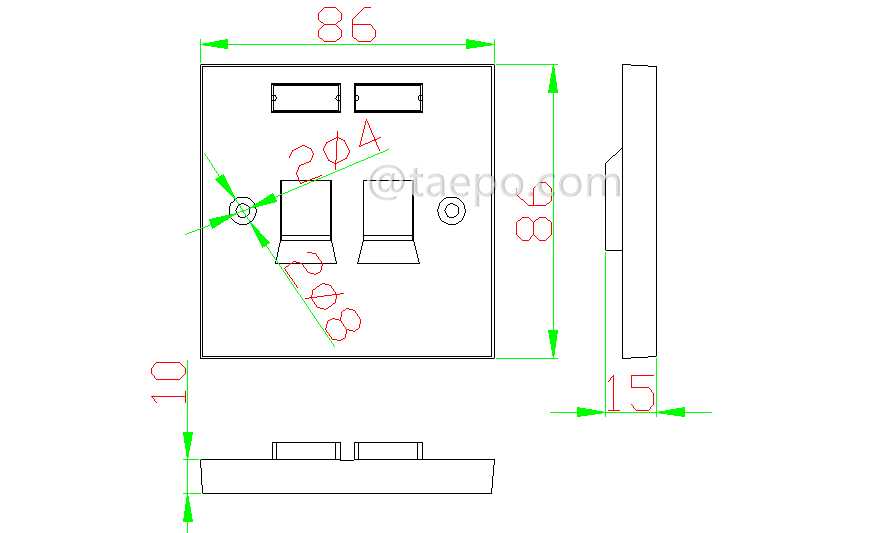 Drawing for 2-port faceplate, 86x86mm, UK style