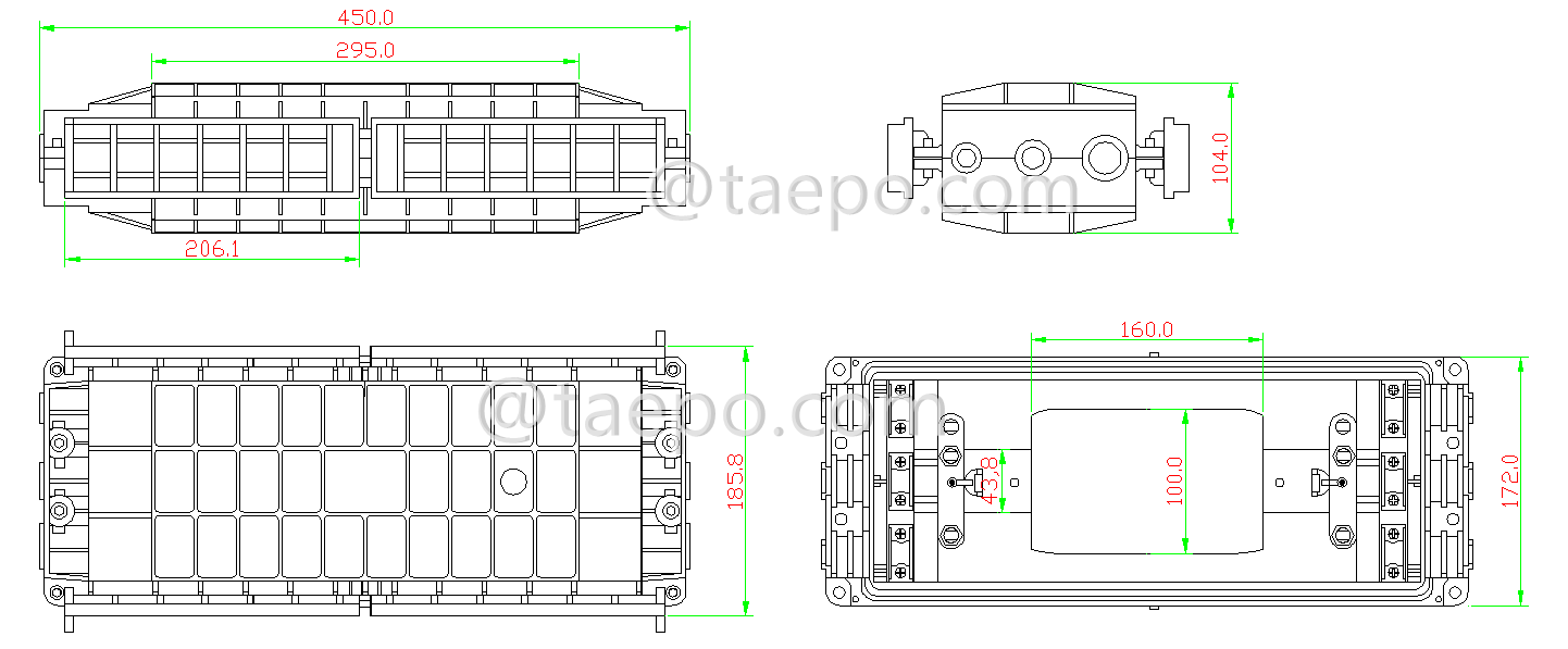 Drawing for Fiber optic splice closure (FOSC), horizontal type, mechanical sealing, 12 fibers, max 144 bunchy fibers