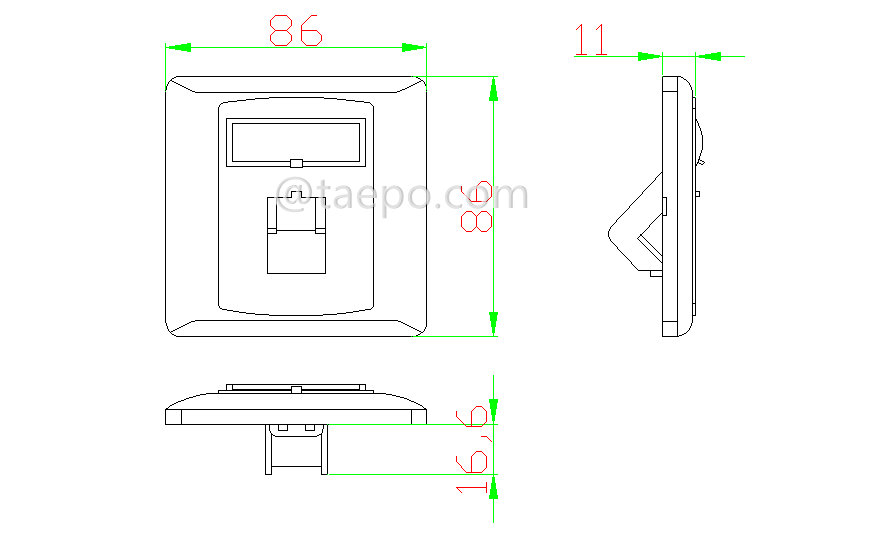 Drawing for 1-port faceplate, 86x86mm, German style