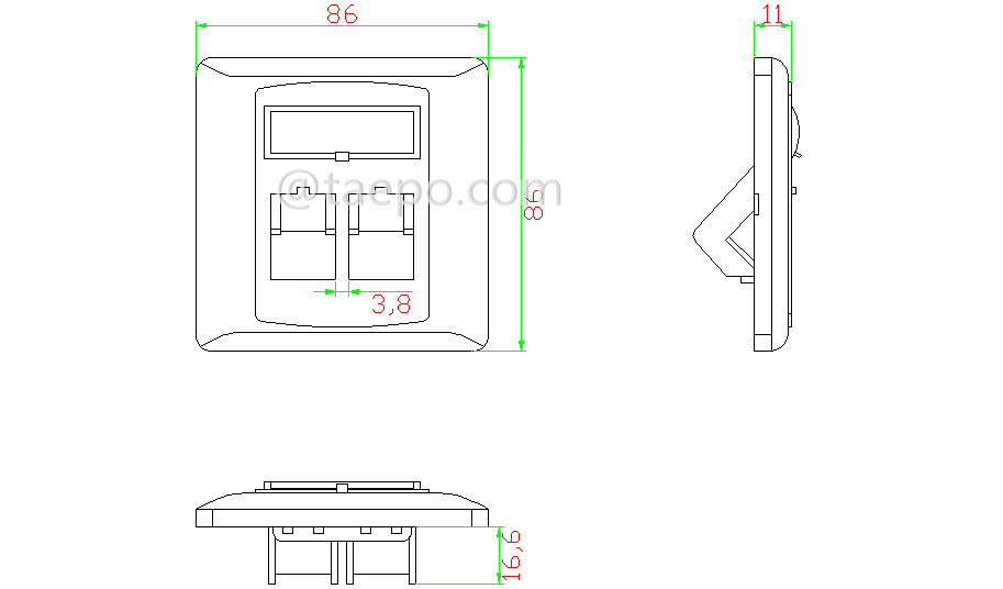 Drawing for 2-port faceplate, 86x86mm, German style