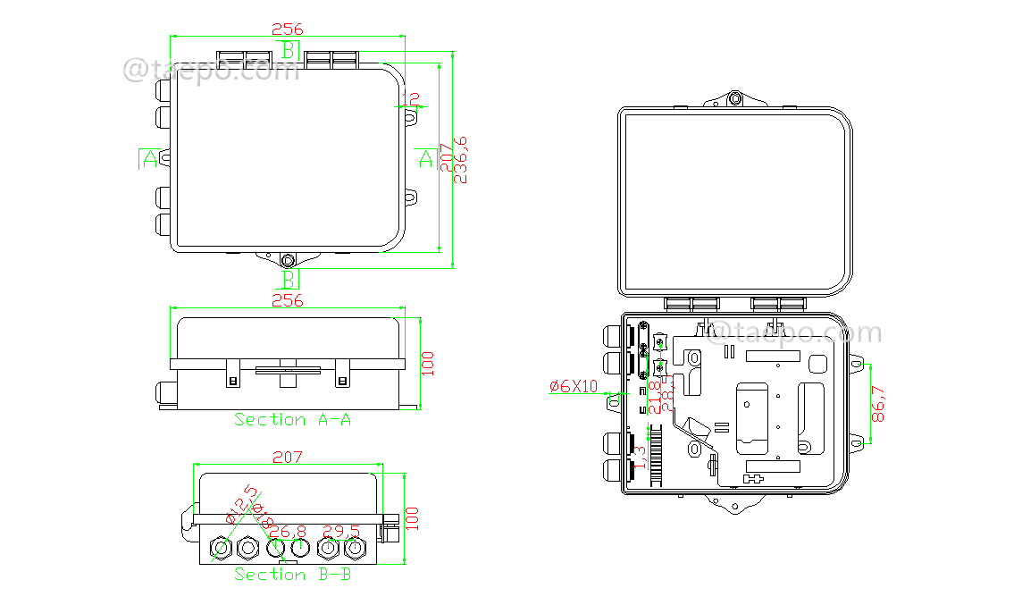 Drawing for Fiber splitter box (FSB), outdoor, SC, 8 fibers, plastic housing