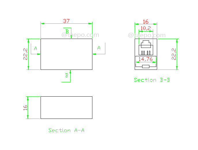 Schematic Diagrams for 180 degree CAT3 6P4C telephone Inline coupler