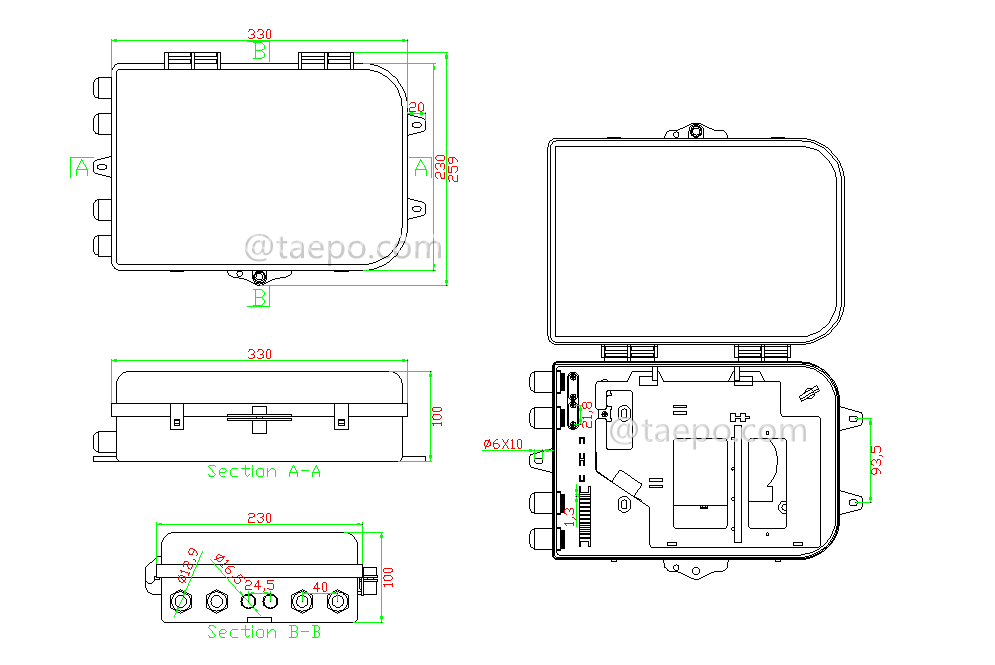 Drawing for Fiber distribution box (FDB), outdoor, SC, 24 fibers, plastic housing