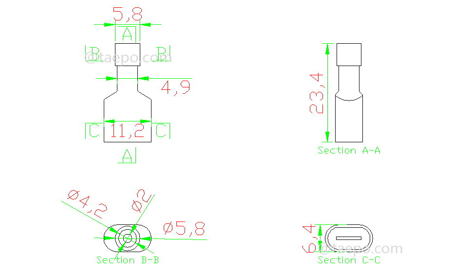 Drawing for 952T nylon terminal, 1-wire, AWG18-14 conductor, blue, for 952 tap connector