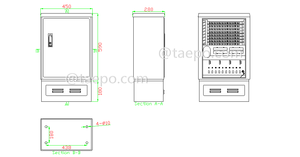 Drawing for Outdoor SMC fiber street cabinet, SC, 96 fibers, single-sided, single door, plastic case splitter type, with 4 plastic case slots