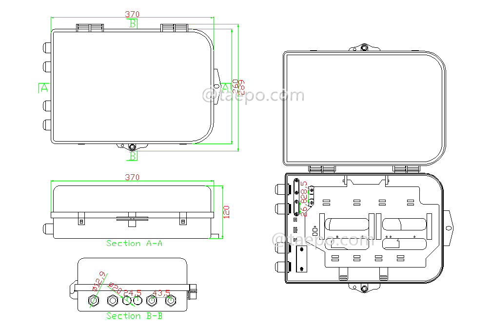 Drawing for Fiber splitter box (FSB), outdoor, SC, 32 fibers, plastic housing