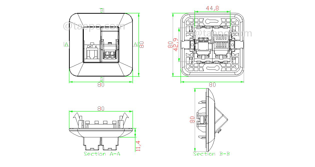 Drawing for Hybrid outlet LC/APC duplex + 1-port keystone jack CAT6 UTP 8P8C
