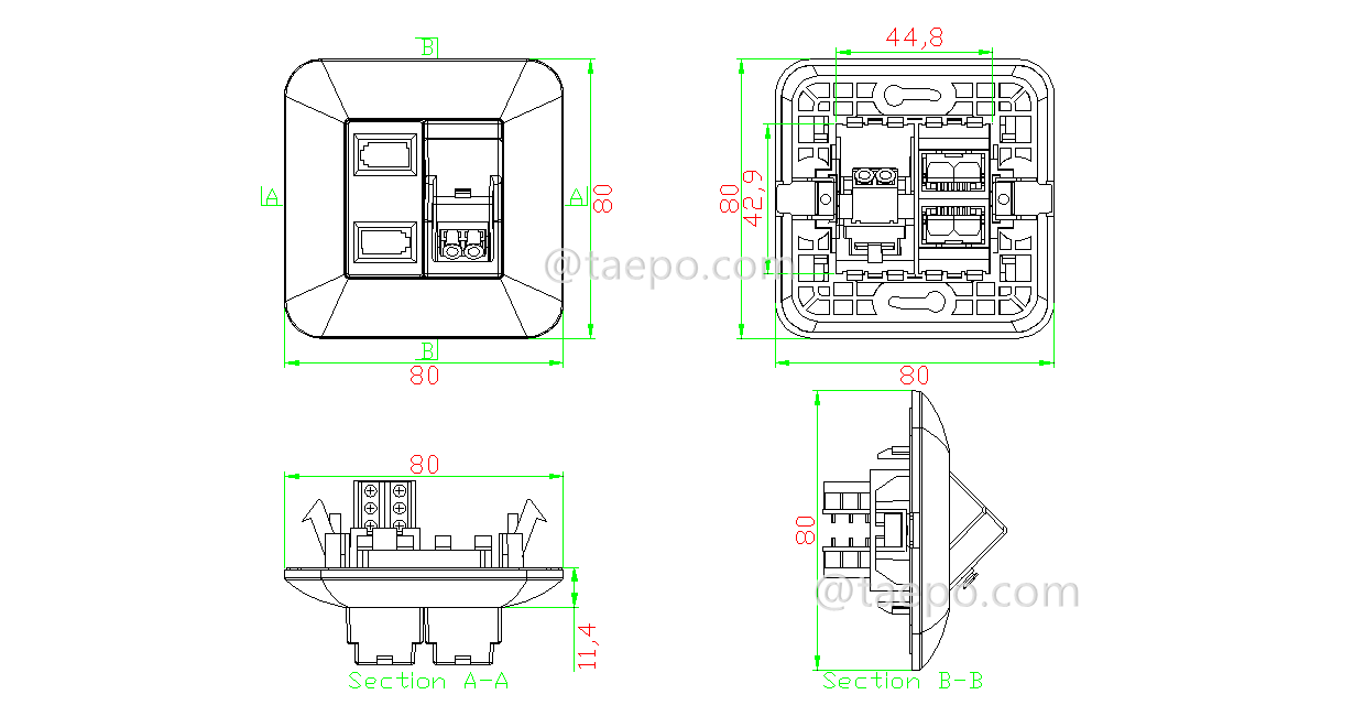 Drawing for Hybrid outlet LC/APC duplex + 2-port UK socket