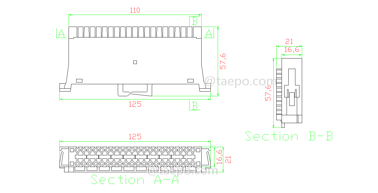 Drawing for 10 pairs disconnection module with wire guide, with earth bar
