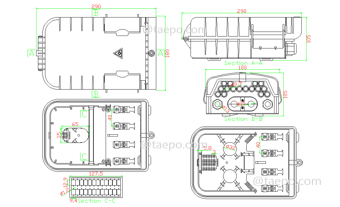 Drawing for Fiber distribution box (FDB), outdoor, SC, 16 fibers, plastic housing