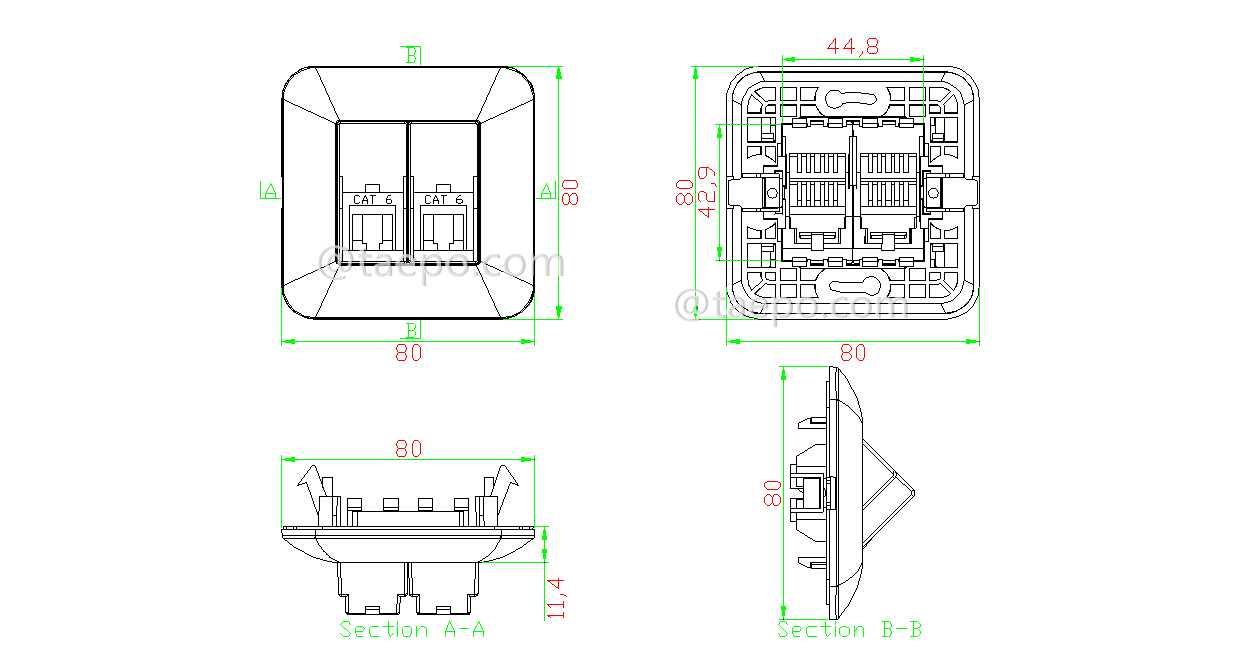 Drawing for Network outlet 2-port keystone jack CAT6 UTP 8P8C