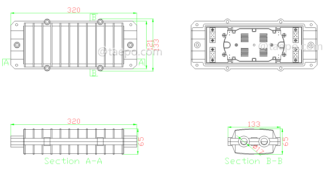 Drawing for Fiber optic splice closure (FOSC), horizontal type, mechanical sealing, 12 fibers, max 24 bunchy fibers