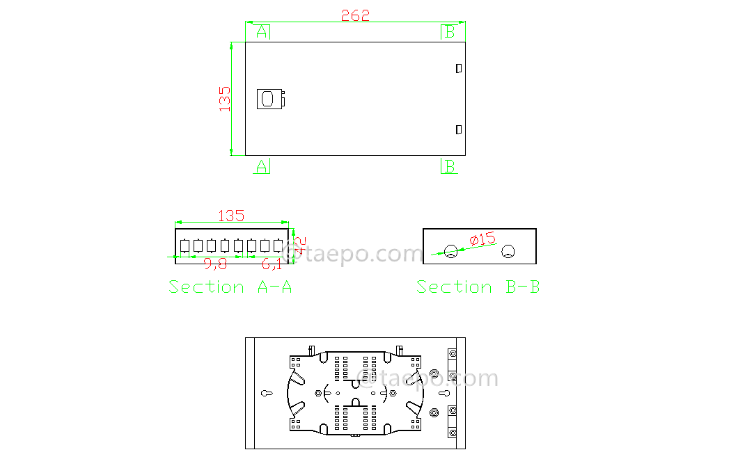 Drawing for Fiber termination box (FTB), indoor, SC, 8 fibers, cold rolling steel housing with powder coating