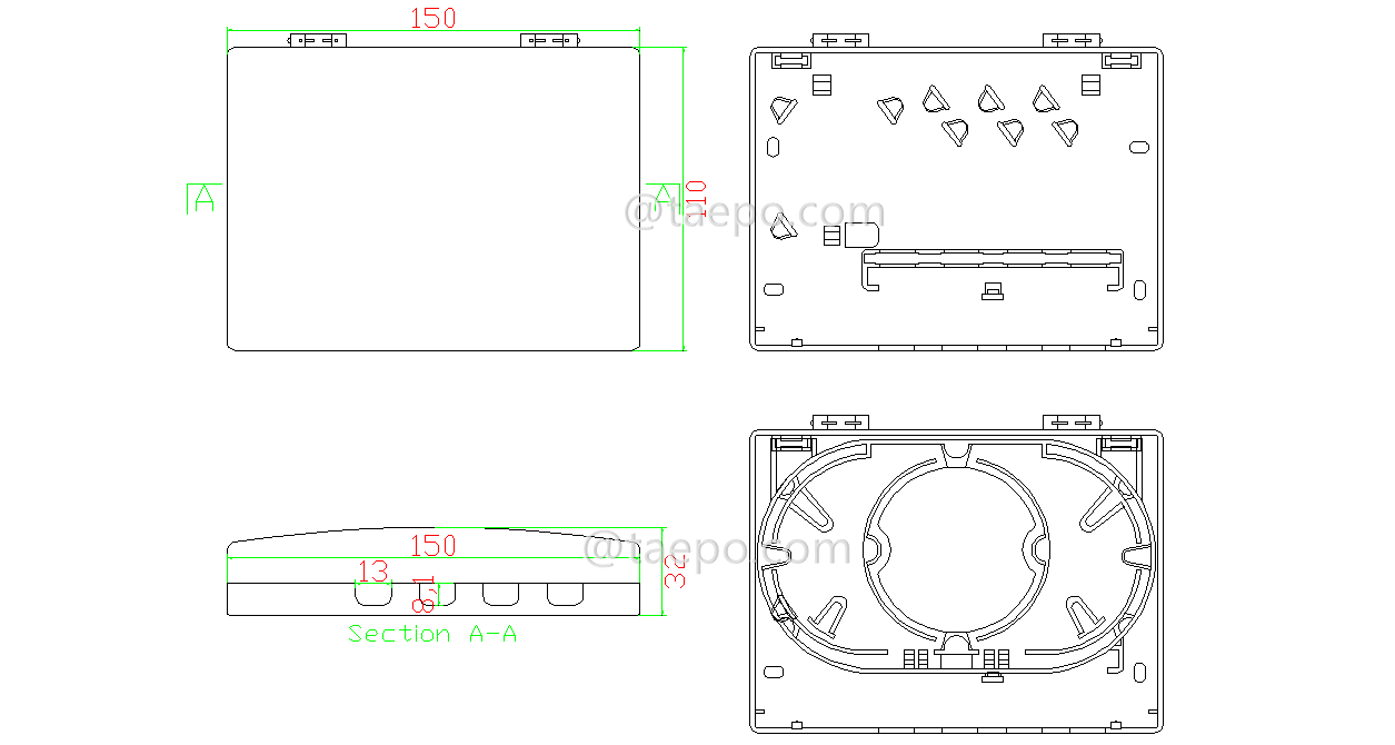 Drawing for Fiber termination box (FTB), indoor, SC, 4 fibers, plastic housing, flip cover