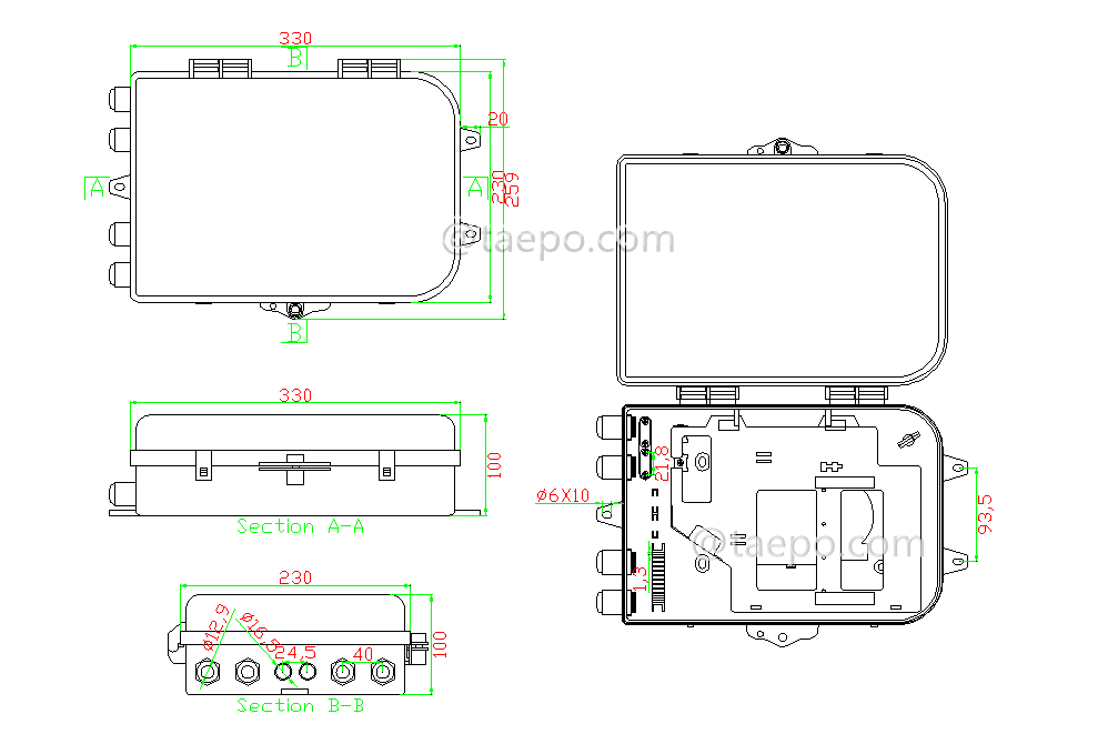 Drawing for Fiber splitter box (FSB), outdoor, SC, 16 fibers, plastic housing