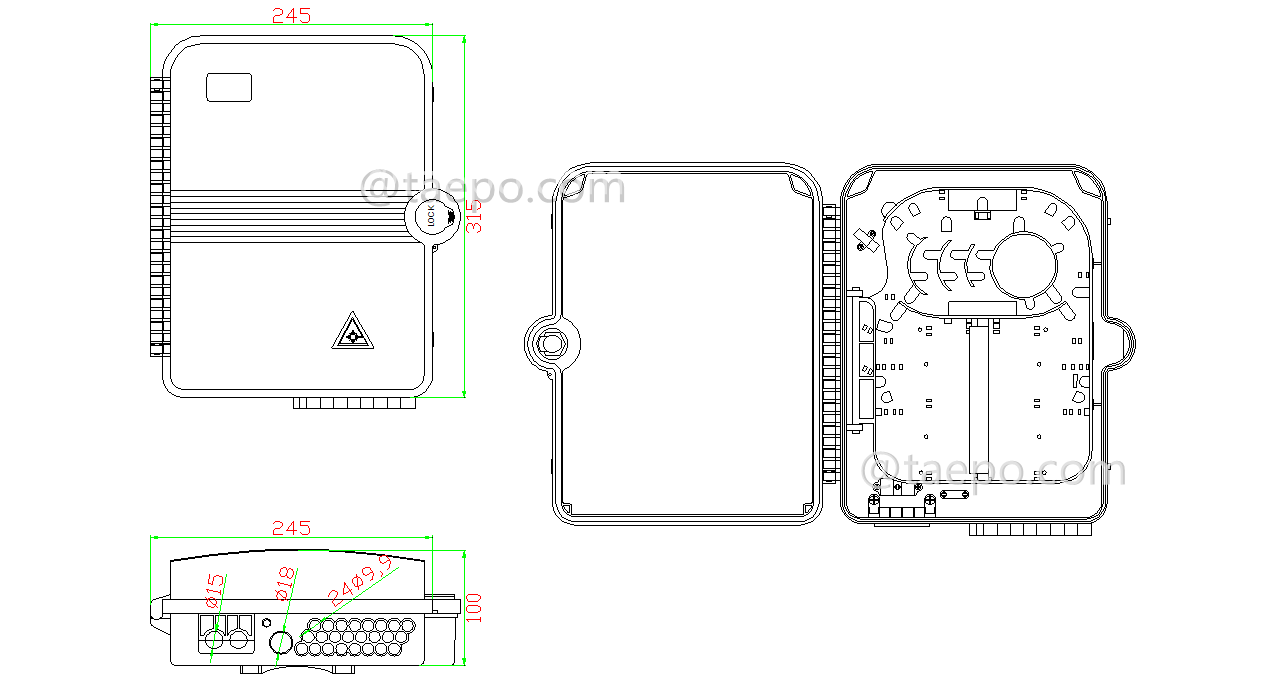 Drawing for Fiber splitter box (FSB), outdoor, SC, 16 fibers, plastic housing