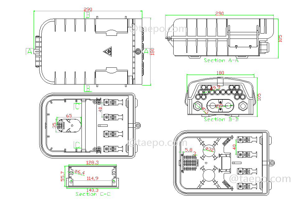 Drawing for Fiber splitter box (FSB), outdoor, SC, 16 fibers, plastic housing