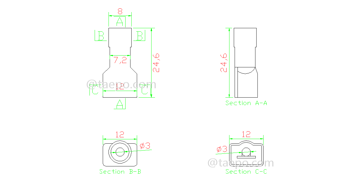Drawing for 953T nylon terminal, 1-wire, AWG14-12 conductor, yellow, for 953 tap connector