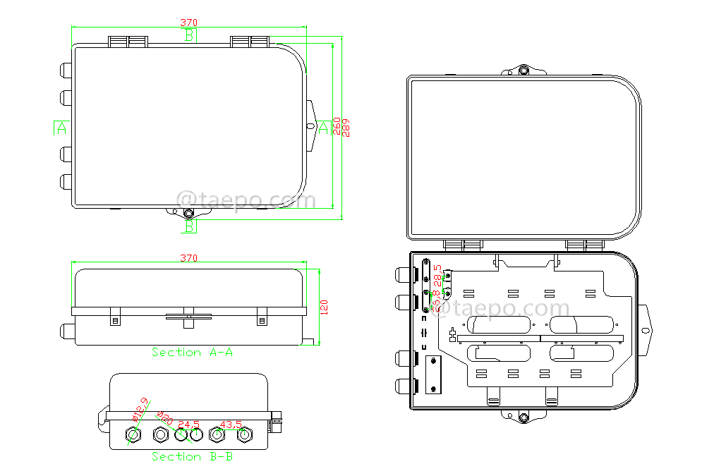 Drawing for Fiber distribution box (FDB), outdoor, SC, 48 fibers, plastic housing