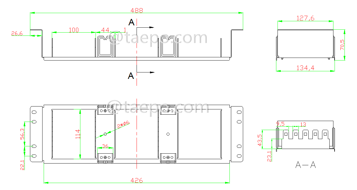 drawing for 10 pairs LSA rack mounting frame, 15 ways, stainless steel
