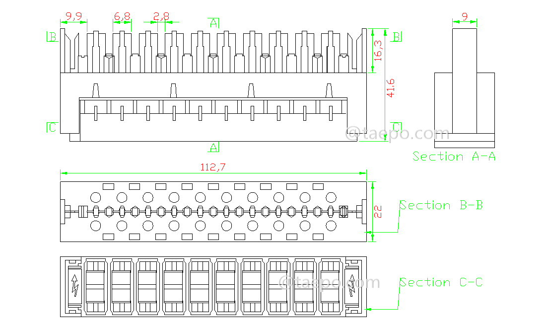 Drawing for 10 pairs 3-pole over-voltage protection magazine for LSA module