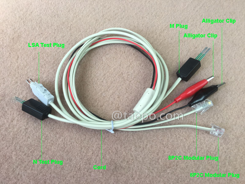 illustration for 2-pole test cord, 4-pole LSA test plug + 4-pole N test plug to alligator clip, M plug, 8P2C modular plug, 6P2C modular plug, 1.5m
