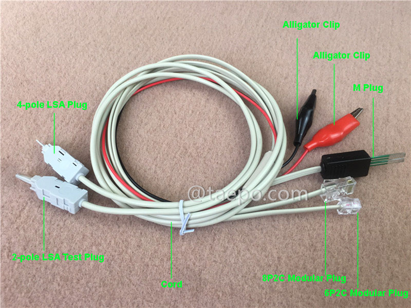 illustration for 2-pole test cord, 2-pole LSA test plug + 4-pole LSA plug to alligator clip, M plug, 8P2C modular plug, 6P2C modular plug, 1.5m
