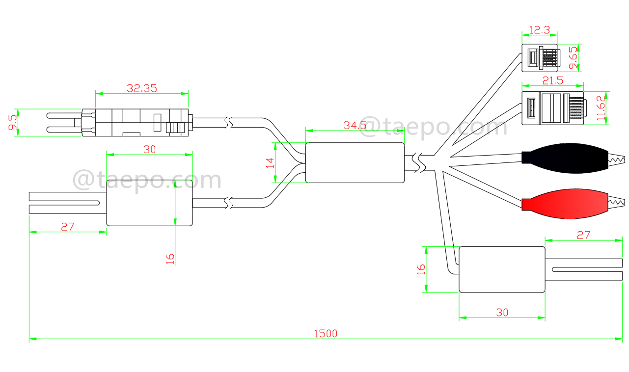 drawing for 2-pole test cord, 4-pole LSA test plug + 4-pole N test plug to alligator clip, M plug, 8P2C modular plug, 6P2C modular plug, 1.5m