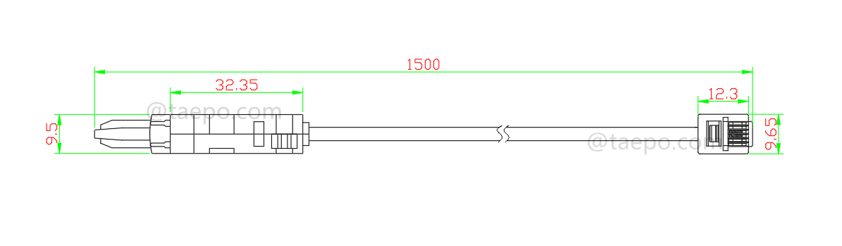 drawing for 2-pole test cord, LSA test plug to 6P2C modular plug, 1.5m