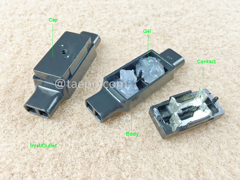 Illustration for UDW2 dropwire inline connector, 4-wire, 0.9-1.3mm conductor, max insulation 4.4mm, single-pin, gel filled