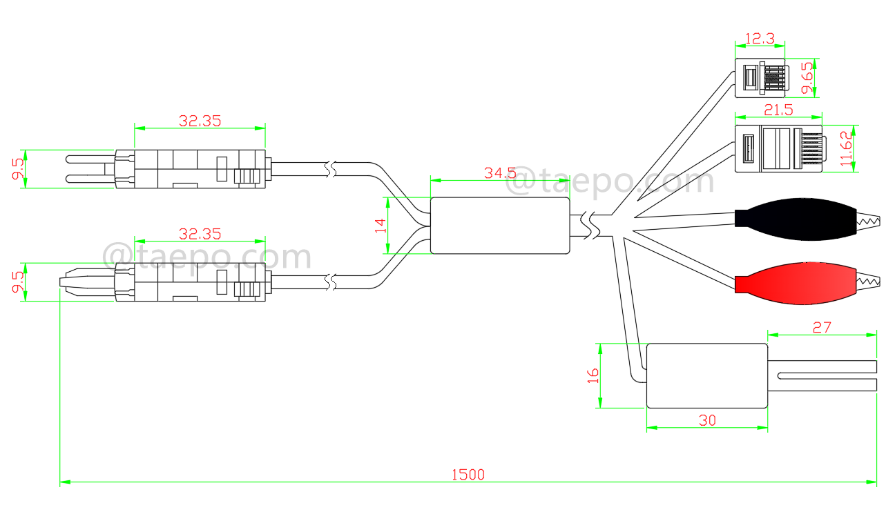 drawing for 2-pole test cord, 2-pole LSA test plug + 4-pole LSA plug to alligator clip, M plug, 8P2C modular plug, 6P2C modular plug, 1.5m