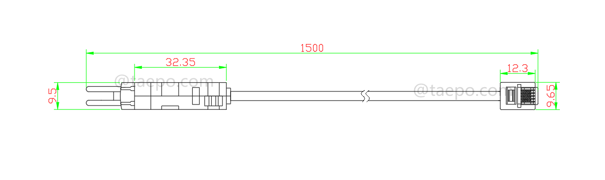 drawing for 4-pole test cord, LSA test plug to 6P4C modular plug, 1.5m