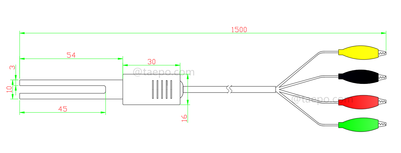 Drawing for 4-pole SM test cord, with test plug to alligator clip for MDF disconnection block 71 #TP-1401-100, 1.5m