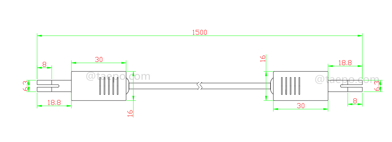 Drawing for 4-pole HW connection cord, test plug to test plug, 1.5m