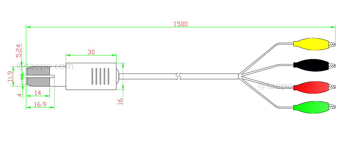 Drawing for 4-pole HW test cord, test plug to alligator clip, 1.5m