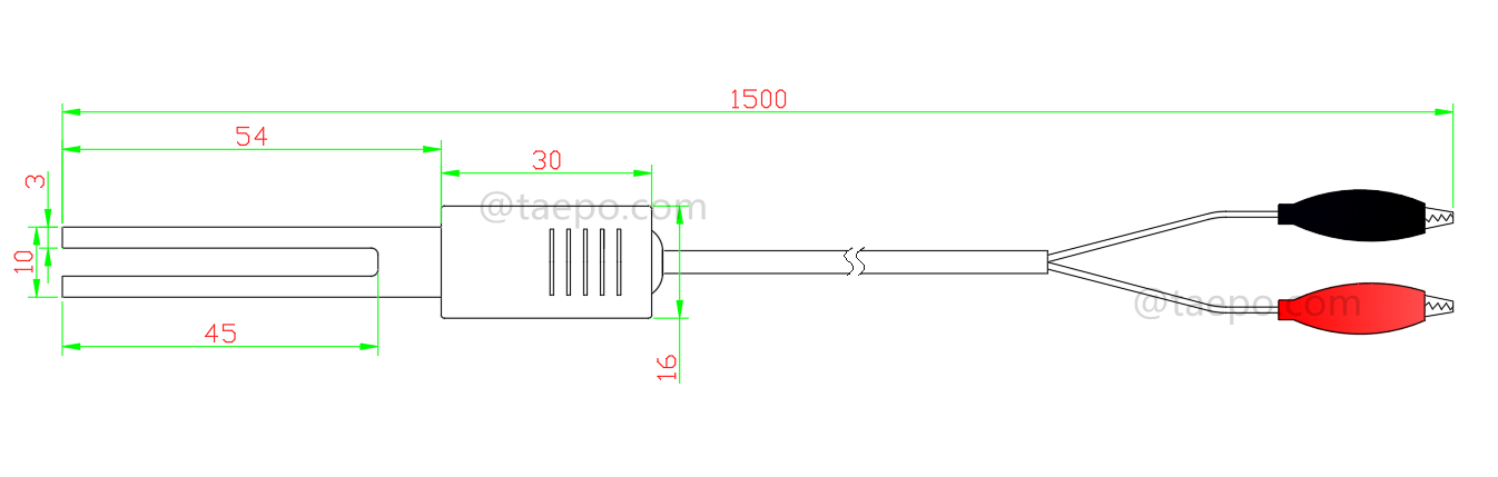 Drawing for 2-pole SM test cord, with test plug to alligator clip for MDF disconnection block 71 #TP-1401-100, 1.5m