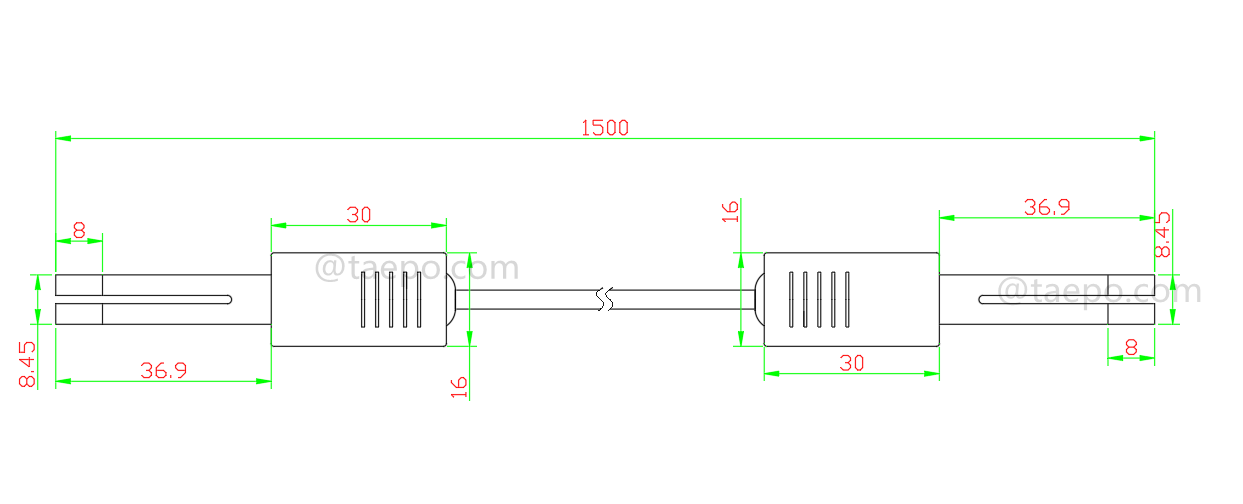 Drawing for 2-pole CN connection cord, test plug to test plug, 1.5m