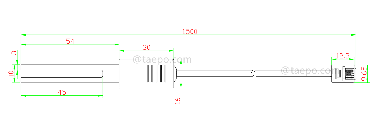 Drawing for 2-pole SM test cord, with test plug to 6P2C modular plug for MDF disconnection block 71 #TP-1401-100, 1.5m