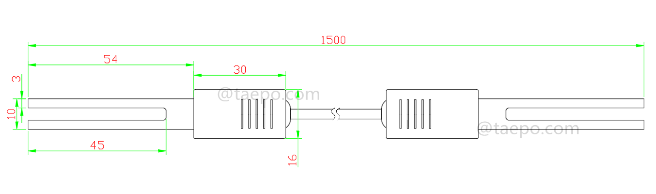 Drawing for 2-pole SM connection cord, with test plug to test plug for MDF disconnection block 71 #TP-1401-100, 1.5m