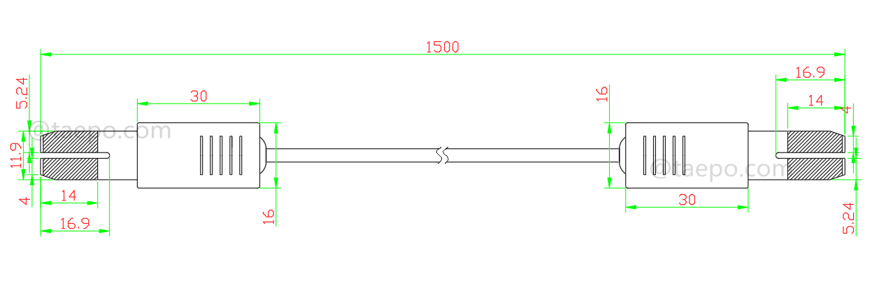 Drawing for 4-pole HW connection cord, test plug to test plug, 1.5m