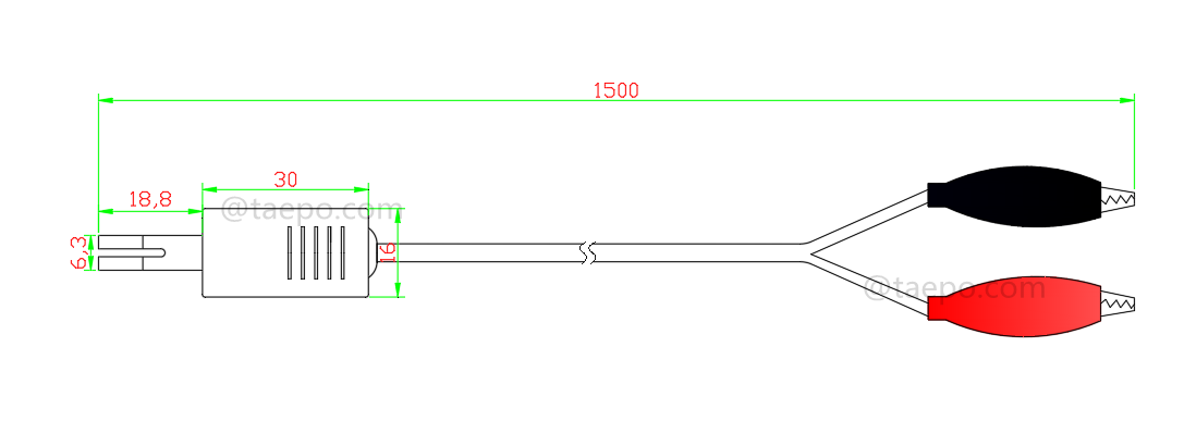 Drawing for 2-pole BRCP connection cord, test plug to alligator clip, 1.5m