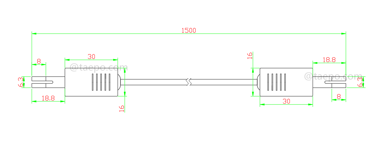 Drawing for 2-pole HW connection cord, test plug to test plug, 1.5m