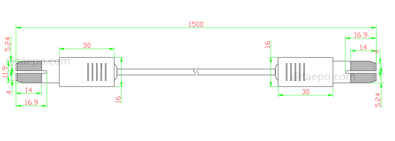Drawing for 2-pole HW connection cord, test plug to test plug, 1.5m