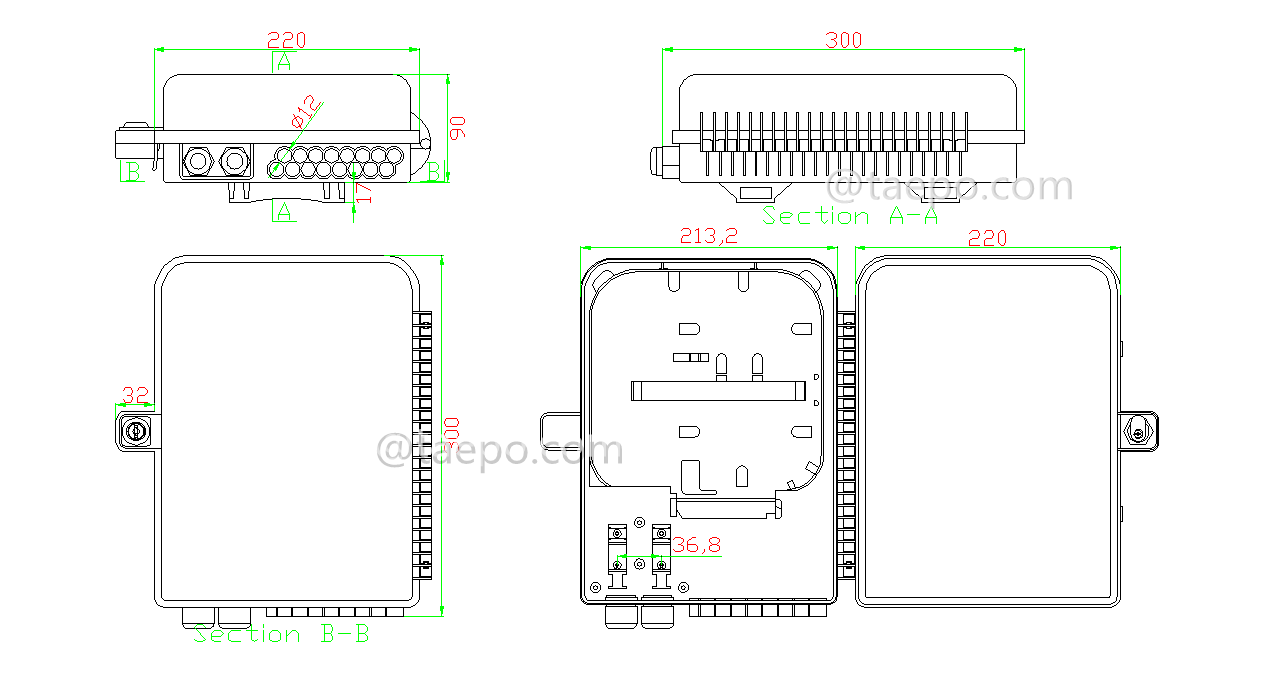 Drawing for Fiber splitter box (FSB), outdoor, SC, 16 fibers, plastic housing