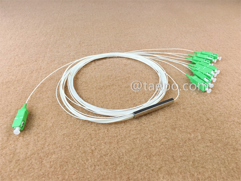 Fiber optic splitter, PLC, steel tube, G657A, 1x8, 0.9mm loose tube, 1m, with SC/APC