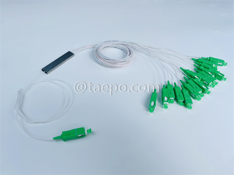 Fiber optic splitter, PLC, steel tube, G657A, 1x16, 0.9mm loose tube, 1m, with SC/APC connector