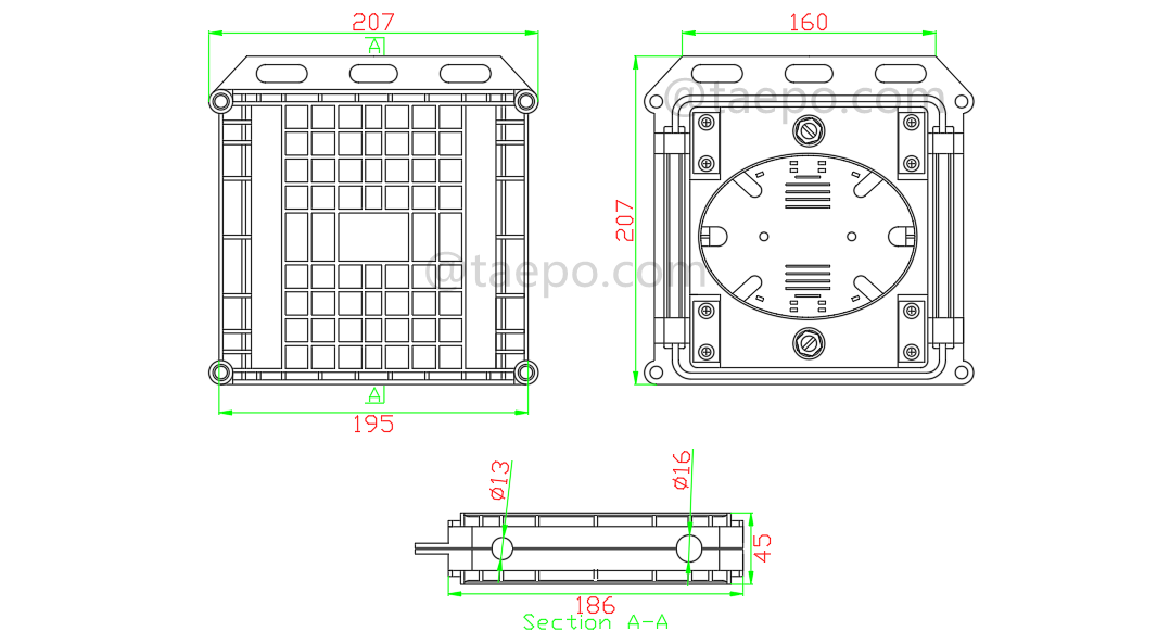 Drawing for Fiber optic splice closure (FOSC), horizontal type,  mechanical sealing, 24 fibers
