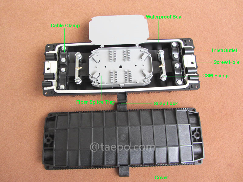 Illustration pictures for Fiber optic splice closure (FOSC), horizontal type, mechanical sealing, 12 fibers, max 144 bunchy fibers